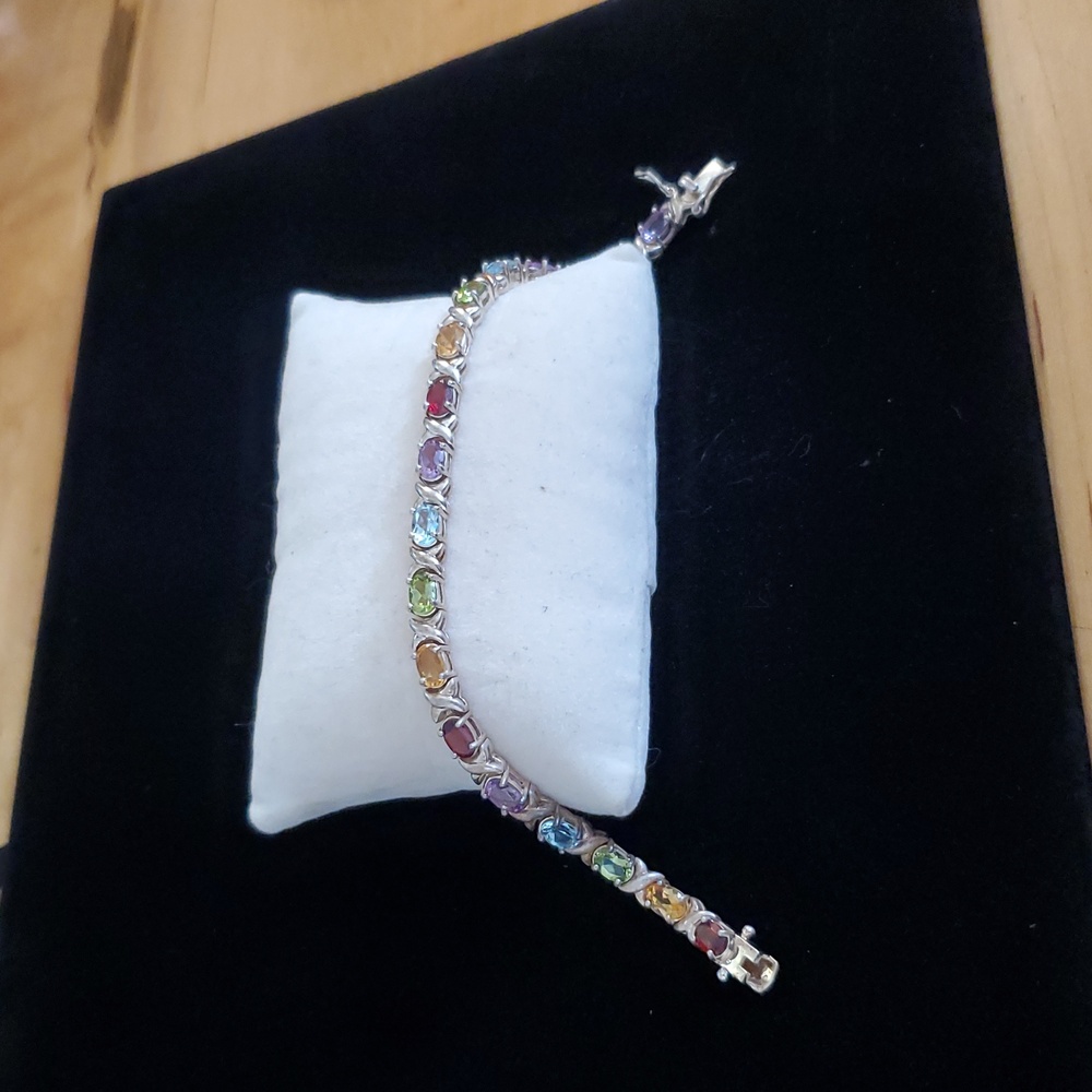 925 Sterling Silver Multi Gemstone Tennis Bracelet Overtone Vintage - Picture 12 of 15